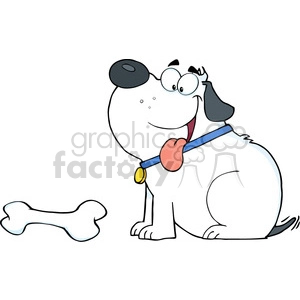 The image depicts a comical cartoon illustration of a white dog looking excited and happy, with its tongue sticking out playfully. The dog is wearing a collar with a tag attached, indicating that it is a pet. A large bone is also featured prominently in the picture, suggesting the dog may be looking forward to playing with or chewing on it. The overall feel of the image is light-hearted and whimsical, typical of a humorous depiction of a pet dog in a playful mood.
