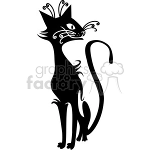 This is a stylized black and white clipart image of a cat. The cat is depicted with exaggerated whiskers and tail, with a whimsical design featuring swirls and curls that make up its fur pattern.