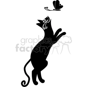 The image is a black and white clipart that shows a stylized silhouette of a black cat standing on its hind legs reaching up towards a butterfly. The cat has decorative markings within its silhouette, and the butterfly is depicted above it, slightly to the left, in mid-flight with its wings open.