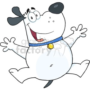 This image shows a comical cartoon dog with a joyful expression. The dog appears to be jumping or dancing with its arms spread wide, a big smile on its face, and one eye larger than the other for a humorous effect. It's wearing a collar with a tag, and its ears and tail are in a whimsical, floppy position that contributes to the playful vibe of the clipart.