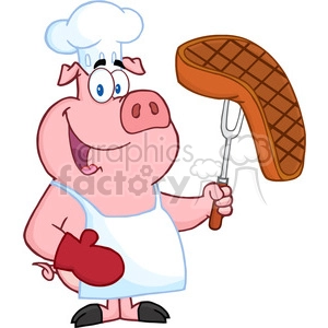 Happy Pig Chef Holding A Fork With Steak