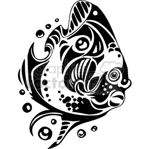 This image displays a black and white stylized fish, rendered in a tribal tattoo design. The fish is decorated with bold, curving lines and swirling patterns that are characteristic of tribal art, giving it an ornamental appearance. There are also bubble-like circles scattered around, enhancing the aquatic theme.