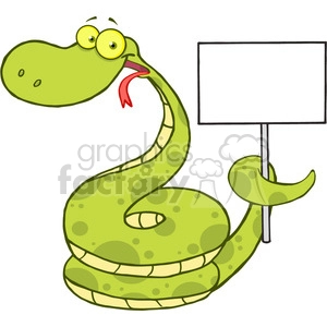 The image features a funny and comical cartoon snake with a light green body and darker green spots. The snake has a friendly appearance, featuring big, yellow eyes with round glasses, a playful red tongue sticking out, and it is coiled up with the tail end raising upwards. One of its tail curves is supporting a blank white rectangular sign which it appears to be holding, ready for a custom message.