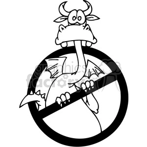 This is a black and white clipart image featuring a whimsical, cartoon-style dragon. The dragon has large eyes, two horns on its head, and a comically surprised expression. It is positioned within a circle with a diagonal line through it, suggesting a no dragons allowed or dragon prohibition sign. The dragon appears to be humorously disobeying the rule by its presence within the forbidden symbol.