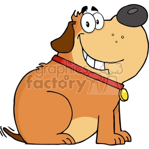 The image shows a cartoon of a smiling brown dog with a prominent black nose and big white eyes, wearing a red collar with a yellow tag. The dog appears comical due to its exaggerated facial features and a goofy smile.