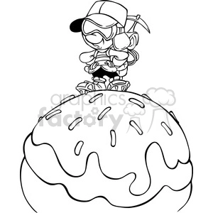 black and white cartoon hiker on top of a mountain