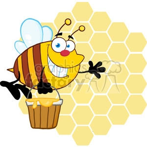 5580 Royalty Free Clip Art Smiling Bee Flying With A Honey Bucket In Front Of A Orange Bee Hives