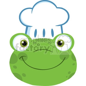 The image is a cartoon representation of a frog with a chef's hat. The frog has large, friendly-looking eyes and a slight smile on its face. Its skin is green with darker green spots, and the chef's hat is white with blue outlines.