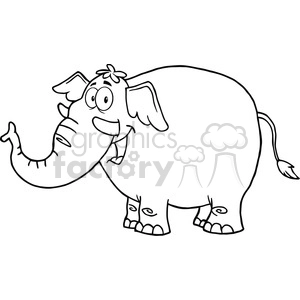 This clipart image features a cartoon-style, black and white line drawing of a funny elephant. The elephant appears cheerful and is characterized by a large smile, wide eyes, and a playful pose. It has decorations on its skin, such as patterns on the ears and body, which add to its friendly and whimsical appearance.