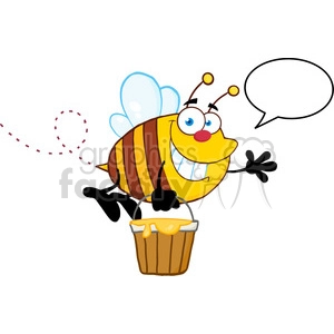 5578 Royalty Free Clip Art Smiling Bee Flying With A Honey Bucket And Speech Bubble