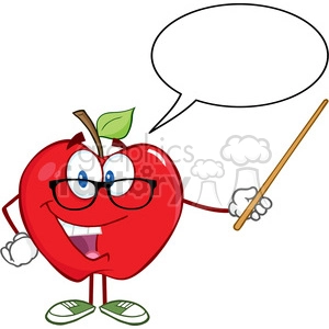 5761 Royalty Free Clip Art Smiling Apple Teacher Character With A Pointer And Speech Bubble