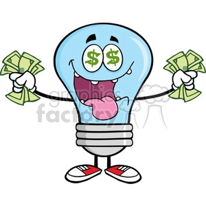 6053 Royalty Free Clip Art Money Loving Blue Light Bulb Cartoon Character