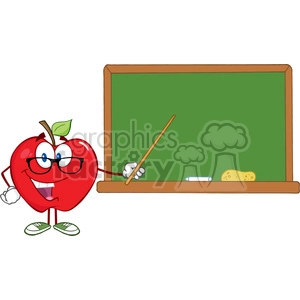 5762 Royalty Free Clip Art Smiling Apple Teacher Character With A Pointer In Front Of Chalkboard