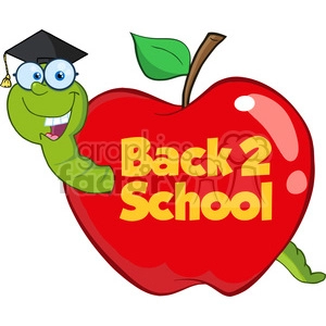 6245 Royalty Free Clip Art Happy Worm In Red Apple With Graduate Cap,Glasses And Text