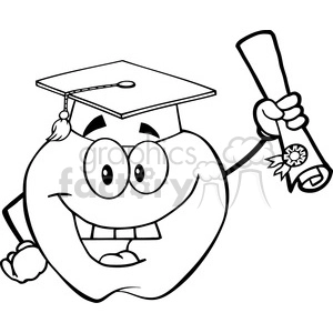 6504 Royalty Free Clip Art Black and White Apple Character Graduate Holding A Diploma