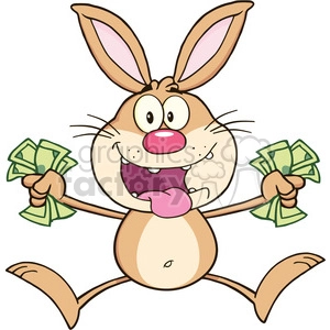 Royalty Free RF Clipart Illustration Rich Brown Rabbit Cartoon Character Jumping With Cash