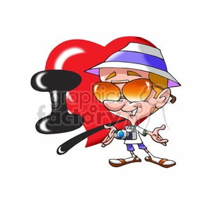 The image is a colorful cartoon clipart depicting a caricature of a tourist. The character is wearing a wide-brimmed hat with blue and purple stripes, large orange sunglasses, a white shirt with a camera hanging around the neck, and brown sandals. They have a happy expression on their face and are standing confidently with an arm outstretched to the side, against the backdrop of a large red heart. A black letter 