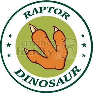 The clipart image shows a stylized representation of a dinosaur footprint with three toes, meant to resemble the paw print of a raptor. The image has a circular badge-like design with the word RAPTOR at the top and DINOSAUR at the bottom. The background is green, and there are small stars around the inner edge of the circle. The footprint is centrally located and is brown with highlighted edges, suggesting a three-dimensional appearance.