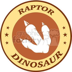 The clipart image features a stylized raptor paw print in the center, with sharp claws prominent. It's encircled by a border that includes the words RAPTOR at the top and DINOSAUR at the bottom. The design incorporates a circular motif with a color palette primarily in shades of brown and white. Stars are also present along the inner part of the circular border, adding to the thematic representation.