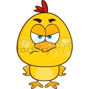 The image shows a cartoon depiction of a yellow chick with an exaggeratedly angry expression. Its features include large blue eyes with furrowed eyebrows, a red comb on top of its head, and an orange beak. The chick's body is rounded with yellow plumage and lighter-colored spots, and it has orange legs and feet.