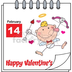 6920 Royalty Free RF Clipart Illustration Happy Valentines Day Calendar With Cute Baby Cupid Flying With Bow And Arrow