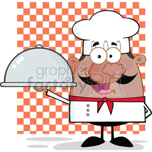 This clipart image features a cartoon chef with a big smile, wearing a traditional white chef's outfit including a toque (chef's hat), a neckerchief, and an apron. The chef is holding a large metallic serving dome (cloche) with one hand, which is typically used to cover food and maintain its temperature until it's ready to be revealed to the diner. Behind the chef is a checkered orange and white background that gives the impression of a classic kitchen or restaurant setting.