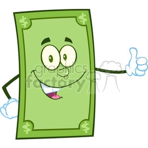 The image features an anthropomorphized green dollar bill cartoon character. The character has a face with big eyes and a smiling mouth, and is giving a thumbs-up sign with one of its hands. The dollar signs are visible on the top corners of the bill.