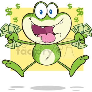 The image depicts a cartoon frog with an exaggeratedly happy expression holding bundles of cash in both hands. There are dollar signs in the background, emphasizing the theme of wealth or money. The frog appears to be celebrating or enjoying its wealth, evident by its wide smile and joyful eyes.