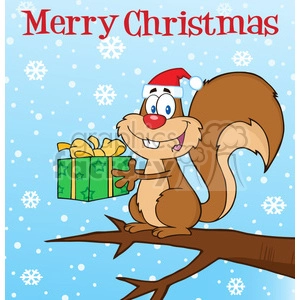 The clipart image shows a cheerful cartoon squirrel wearing a Santa hat. The squirrel is standing on a tree branch and holding a green gift wrapped with a yellow ribbon. The background is a festive blue with snowflakes, and the words Merry Christmas are displayed at the top in bold red text, enhancing the holiday theme of the image.