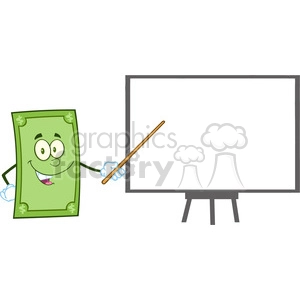 The clipart image features an anthropomorphic dollar bill character with a happy expression, standing next to a blank presentation board and holding a pointer. The character appears to be ready to give a financial presentation or discussion about profit.