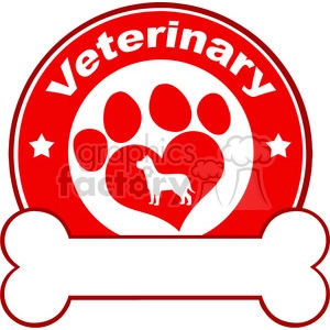 This clipart image features a bold red and white veterinary symbol. At the top, it says Veterinary in a semicircular fashion. Below this text, there is a large red heart in the center with a white silhouette of a dog inside it. Surrounding the heart are white paw prints of varying sizes. Along the bottom is a white bone that underlines the heart and paw print design. Also, there are two white stars on either side of the heart.