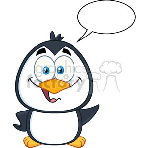 The image shows a cute, cartoon-style penguin with a cheerful expression. It has large blue eyes, a big orange beak, and feet to match. The penguin appears to be standing and looking slightly upwards. Above the penguin's head, there is an empty speech bubble indicating that the penguin could be saying something or is ready for dialogue to be inserted.