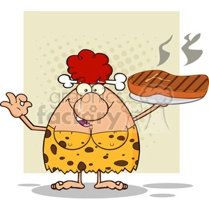 This is a cartoon image of a cavewoman. She has red hair, big eyes, and is wearing a leopard print outfit. She is holding a large grilled steak on a bone. The steak is steaming to indicate it's hot. The background is plain with a dotted pattern.