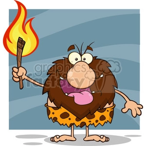 9906 smiling male caveman cartoon mascot character holding up a fiery torch vector illustration
