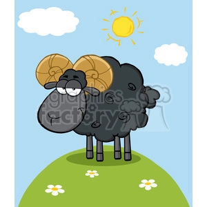 This is a colorful clipart image featuring a funny-looking cartoon sheep. The sheep has a fluffy black body and large, round, tan horns, It stands on a green hill with a few white daisies on it, and the background shows a blue sky with clouds and a bright, yellow cartoon sun.