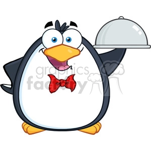 The image appears to be a cartoon clipart of a penguin dressed as a waiter. The penguin has a big, happy smile, wide eyes, and a red bow tie. It appears to be holding a silver service tray with a lid on its flipper.