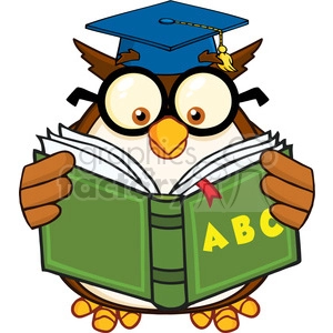 Royalty Free RF Clipart Illustration Wise Owl Teacher Cartoon Mascot Character Reading A ABC Book