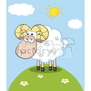 This clipart image depicts a cartoon sheep with a humorous expression. The sheep has large, exaggerated horns and is standing on a grassy hill with flowers. The background features a blue sky with fluffy clouds and a bright yellow sun.