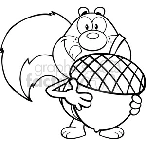 This clipart image depicts a cartoon squirrel holding an acorn. The squirrel is standing upright and appears to have a jovial or funny expression. The artwork is in black and white, suitable for coloring activities.