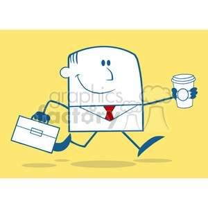 Royalty Free RF Clipart Illustration Lucky Businessman Running To Work With Briefcase And Coffee Monochrome Cartoon Character On Yellow Background
