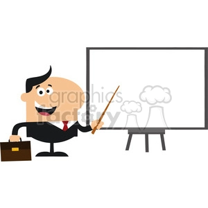 8347 Royalty Free RF Clipart Illustration Happy Manager Pointing To A White Board Flat Style Vector Illustration