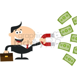 8283 Royalty Free RF Clipart Illustration Happy Manager Using A Magnet To Attracts Money Flat Design Style Vector Illustration