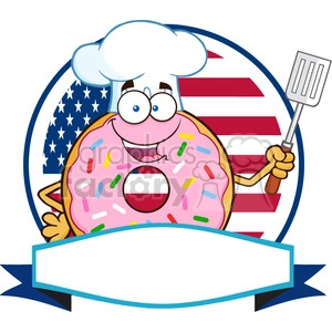 8673 Royalty Free RF Clipart Illustration Chef Donut Cartoon Character With Sprinkles Over A Circle Blank Label In Front Of Flag Of USA Vector Illustration Isolated On White