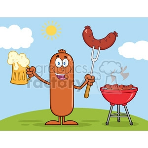8470 Royalty Free RF Clipart Illustration Happy Sausage Cartoon Character Holding A Beer And Weenie Next To BBQ Vector Illustration Isolated On White