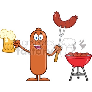 8469 Royalty Free RF Clipart Illustration Happy Sausage Cartoon Character Holding A Beer And Weenie Next To BBQ Vector Illustration Isolated On White