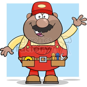 8527 Royalty Free RF Clipart Illustration Smiling African American Mechanic Cartoon Character Waving For Greeting Vector Illustration With Background