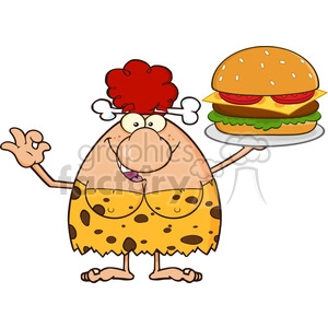 The clipart image features a cartoon cavewoman with a humorous design. She has red hair styled with bones, is wearing a yellow dress with brown spots (indicative of a stereotypical animal skin outfit), and is holding a large hamburger on a plate in one hand while gesturing with the other hand. The expression on the cavewoman's face is cheerful and welcoming.