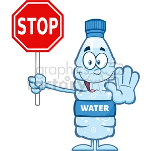royalty free rf clipart illustration smiling water plastic bottle cartoon mascot character gesturing and holding a stop sign vector illustration isolated on white