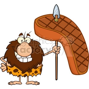9917 smiling male caveman cartoon mascot character holding a spear with big grilled steak vector illustration