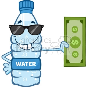 of a water plastic bottle cartoon mascot character with sunglasses holding a dollar bill vector illustration isolated on white background